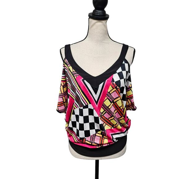Women’s Retro 80s Y2K Top Sz L Geometric Checker Print Batwing Cold Shoulder USA - Picture 1 of 10